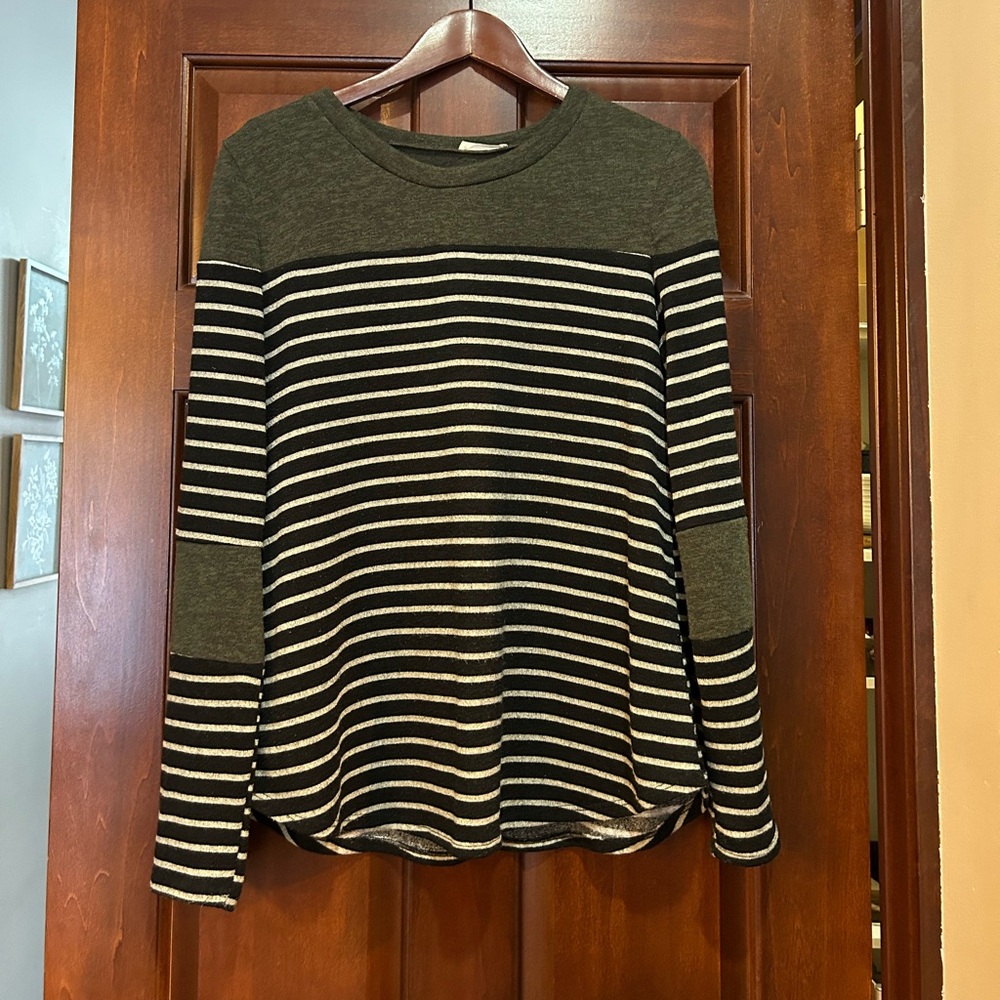 12PM by Mon Ami Striped Long Sleeve Knit Top Neutral Casual